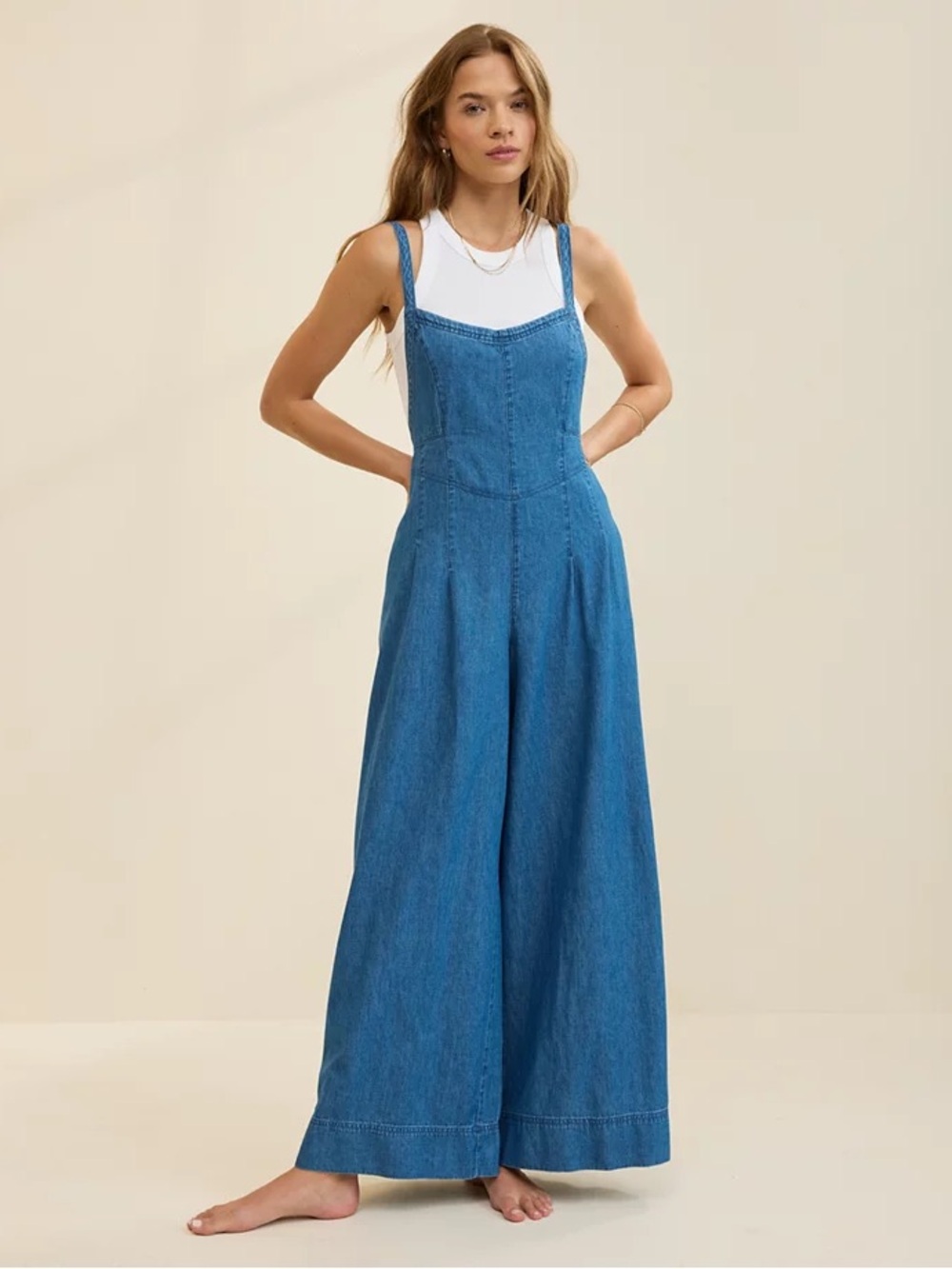 aerie Blue Wide-Leg Denim Overalls Jumpsuit